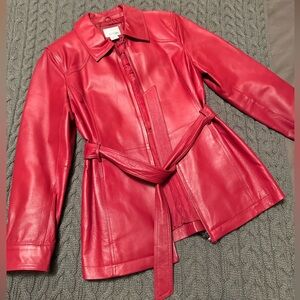 New S Genuine Leather High Quality Dark Red Leather Zip Jacket with Belt Long